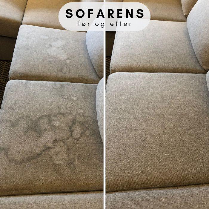 Før- og etterbilde av en sofa med flekker som er rengjort og ser ny ut.