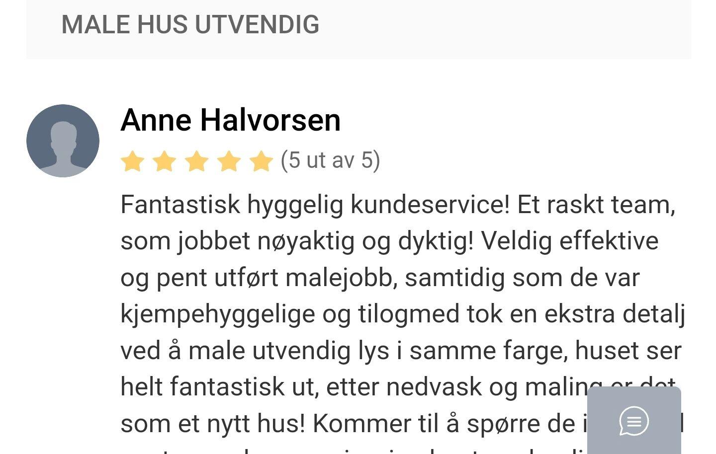 Anmeldelse av maletjeneste med fem stjerner, som fremhever god kundeservice og effektivt arbeid.