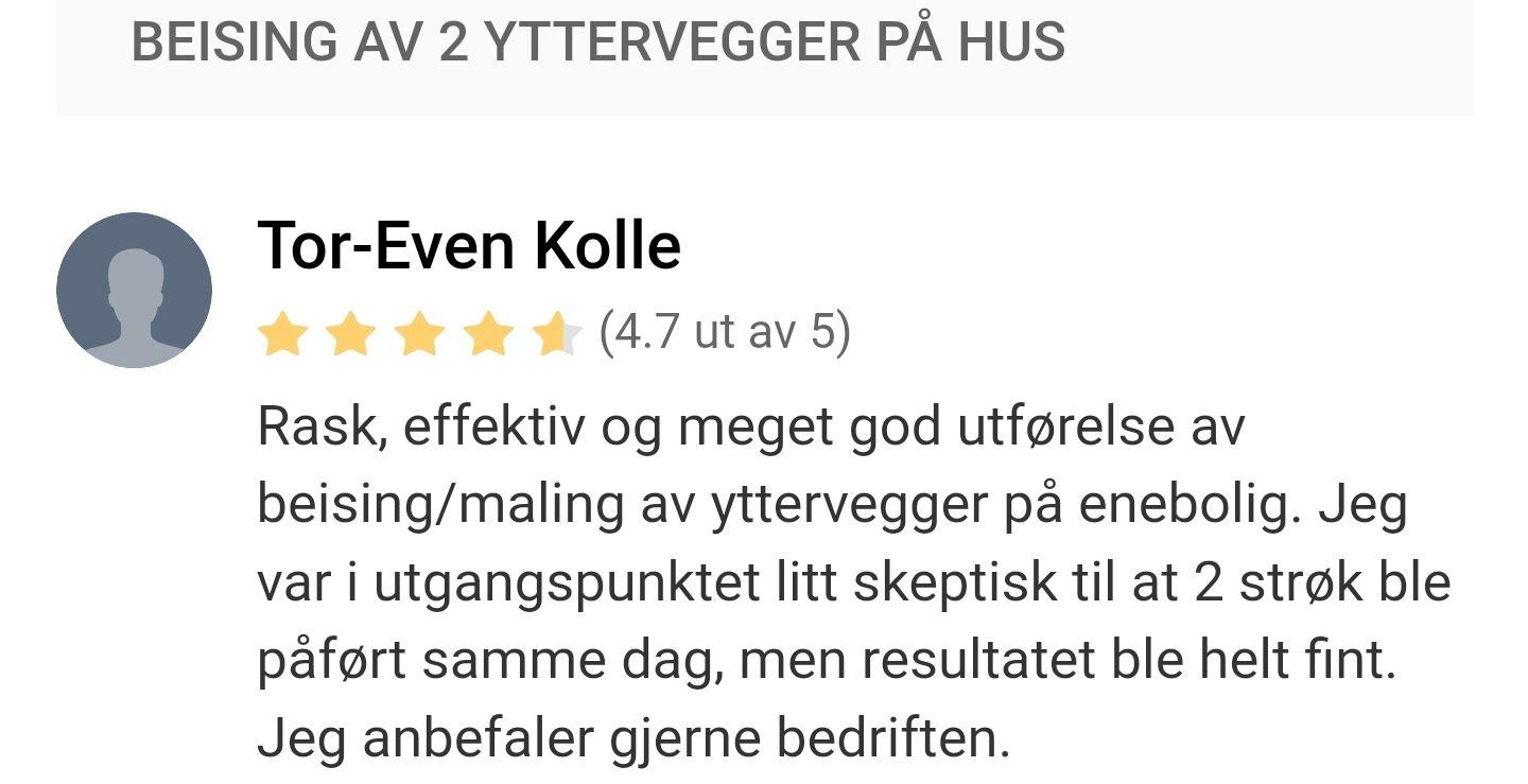 Anmeldelse av beising av yttervegger på hus med høy vurdering og positiv tilbakemelding.
