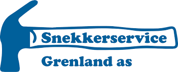 Logo for Snekkerservice Grenland as, med en hånd og teksten i blått.