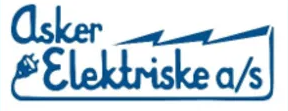 Logo for Asker Elektriske a/s med blå tekst og lynsymbol.