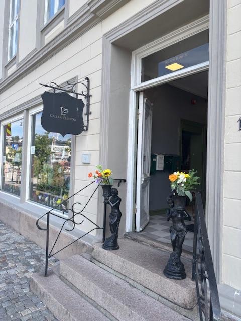 Inngangen til en butikk med blomsterpotter på trappen og en åpen dør.
