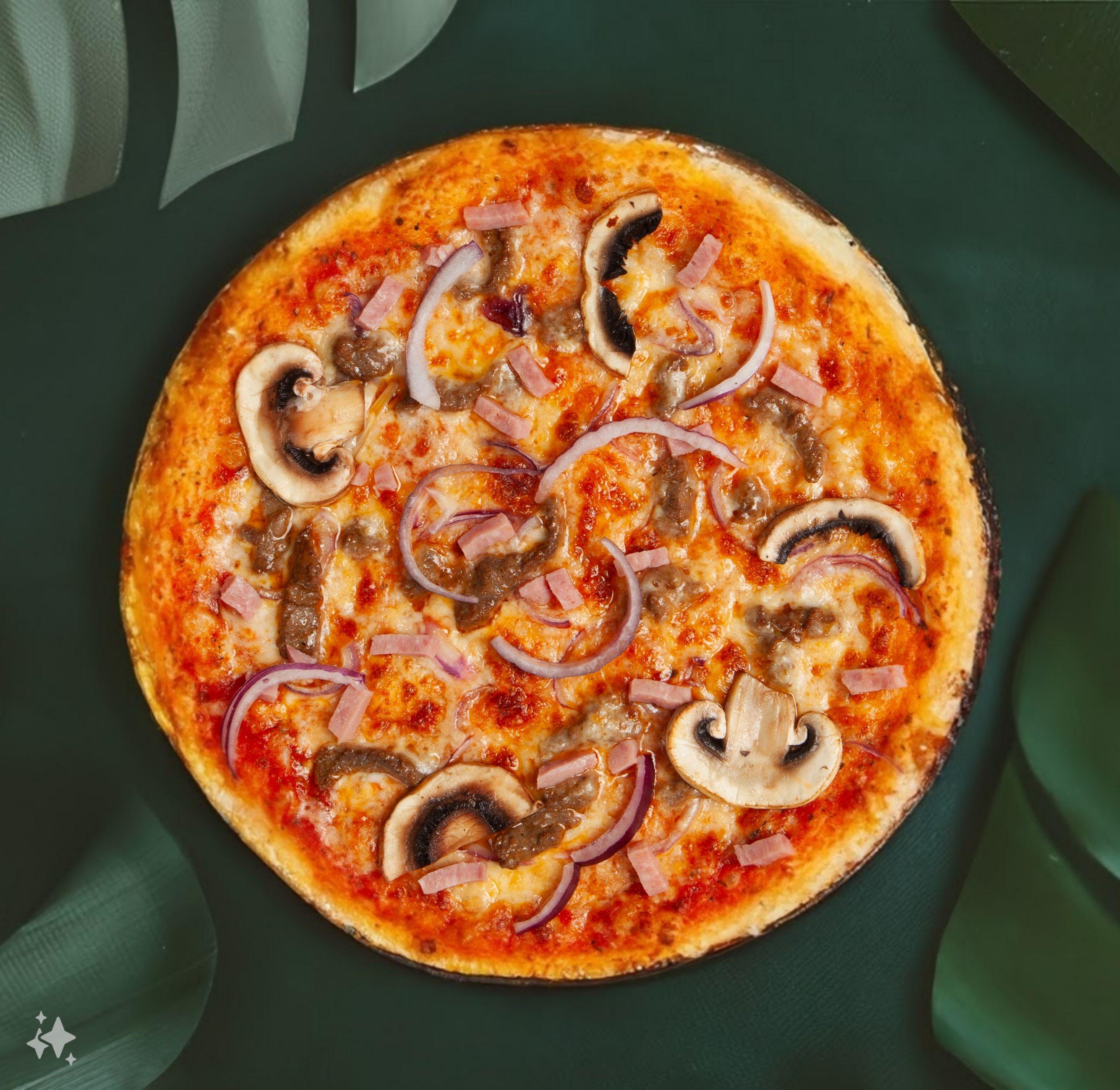 En pizza med ost, skinke, sopp og rødløk på en grønn bakgrunn.