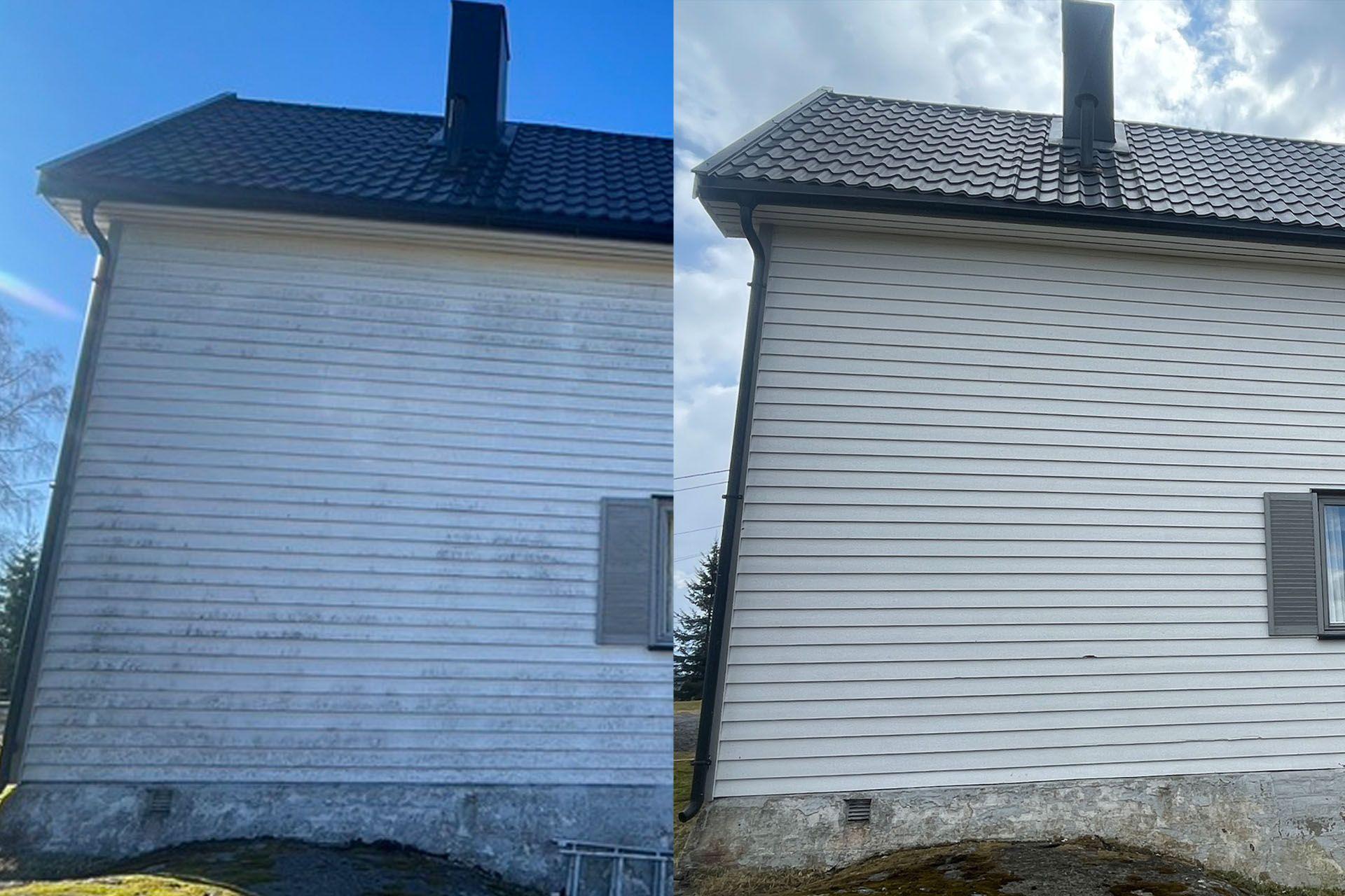 Før- og etterbilde av en husvegg som viser renovering og rengjøring av fasaden.