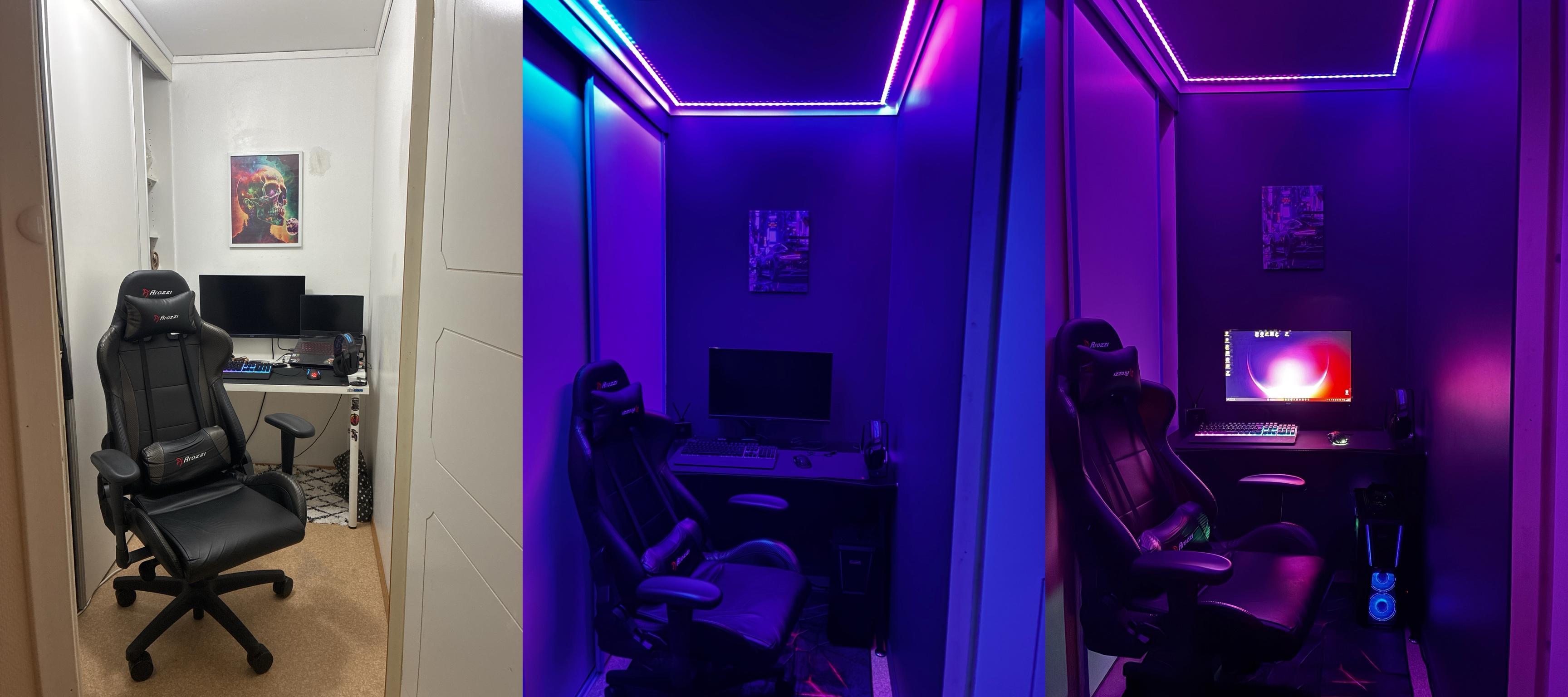 Moderne gamingrom med ergonomisk stol, datamaskin og fargerik LED-belysning i taket.