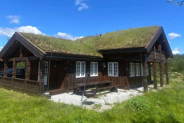 Hus med gressdekt tak, beliggende i et grønt landskap under en blå himmel med skyer.