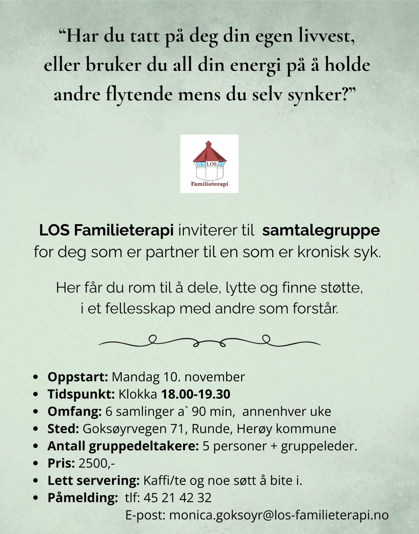 Invitasjon til samtalegruppe for pårørende til kronisk syke, med informasjon om tid og sted.