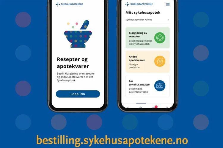 Mobilskjerm med nettsiden for bestilling av resepter og apotekvarer fra Sykehusapotekene.