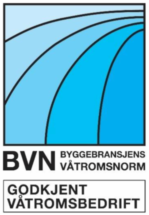 Logo for BVN, Byggebransjens Våtromsnorm, med teksten "Godkjent Våtromsbedrift" i blått og hvitt.