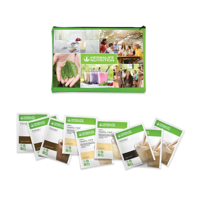 Bilde av en grønn pose med Herbalife Nutrition-logo og flere pakker med kosttilskudd og shakes.