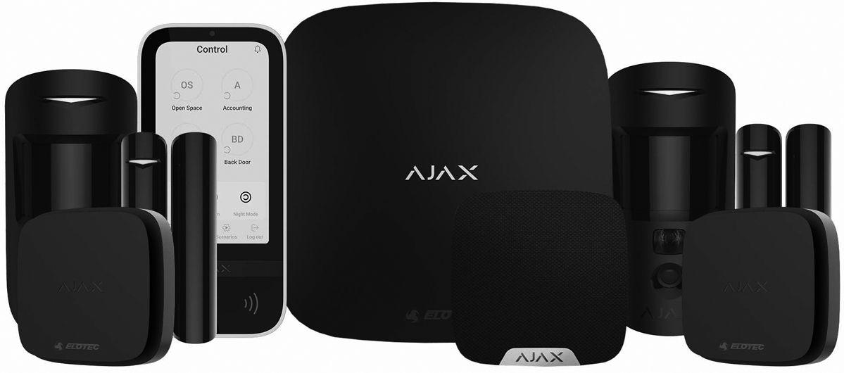Sikkerhetssystem fra AJAX med sensorer, fjernkontroll og sirene i svart design.