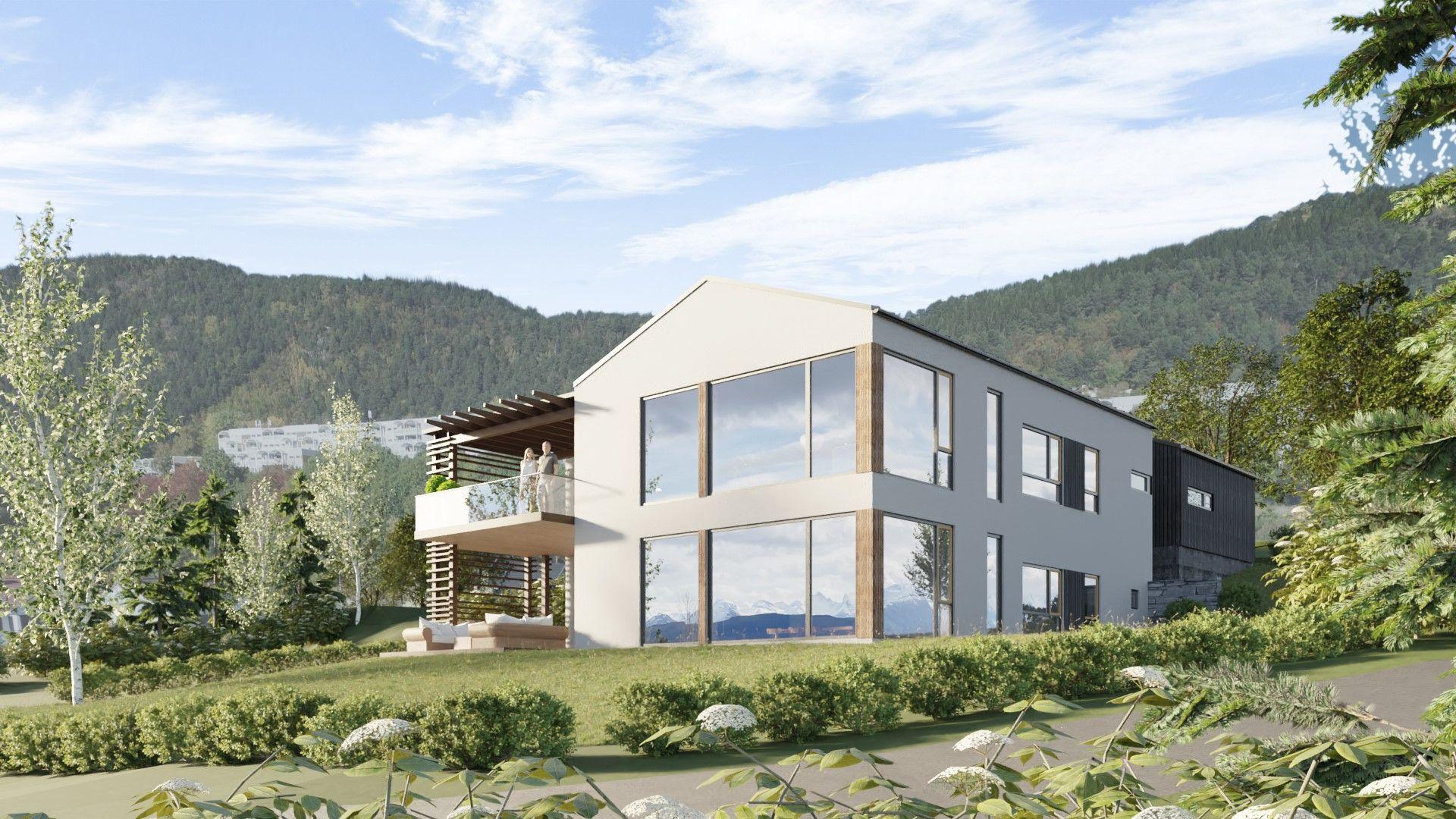 Moderne hus med store vinduer, beliggende i naturskjønne omgivelser med fjell i bakgrunnen.