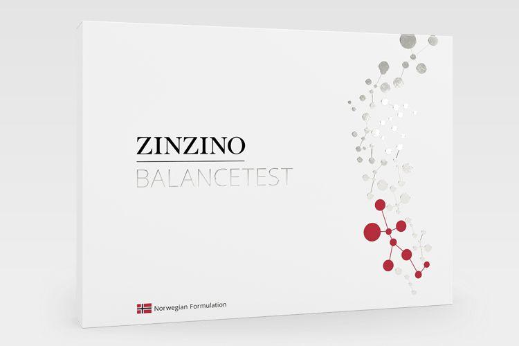 Zinzino balancetest med grafisk design i rødt, grått og hvitt på en hvit bakgrunn.