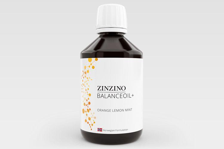 Flaske med Zinzino BalanceOil, en kosttilskudd med omega-3 og omega-6 fettsyrer.