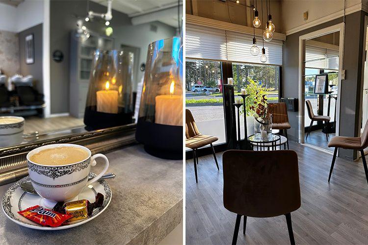 Kopp med kaffe og sjokoladebiter på et bord, med en moderne salong i bakgrunnen og naturlig lys som strømmer inn.