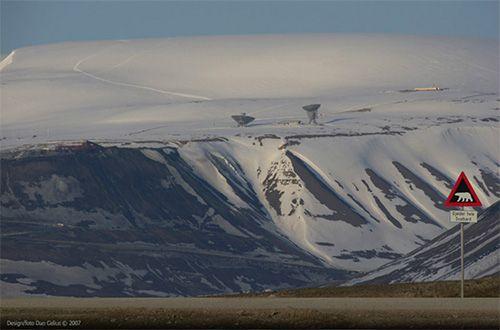 Snødekte fjell med en advarselsskilt for reinsdyr i forgrunnen, i et arktisk landskap.