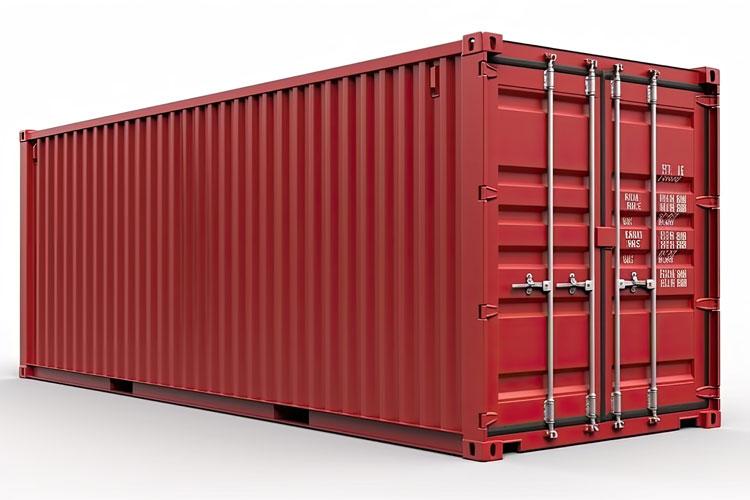 Rød fraktcontainer med metallhengsler og låser, plassert på en hvit bakgrunn.