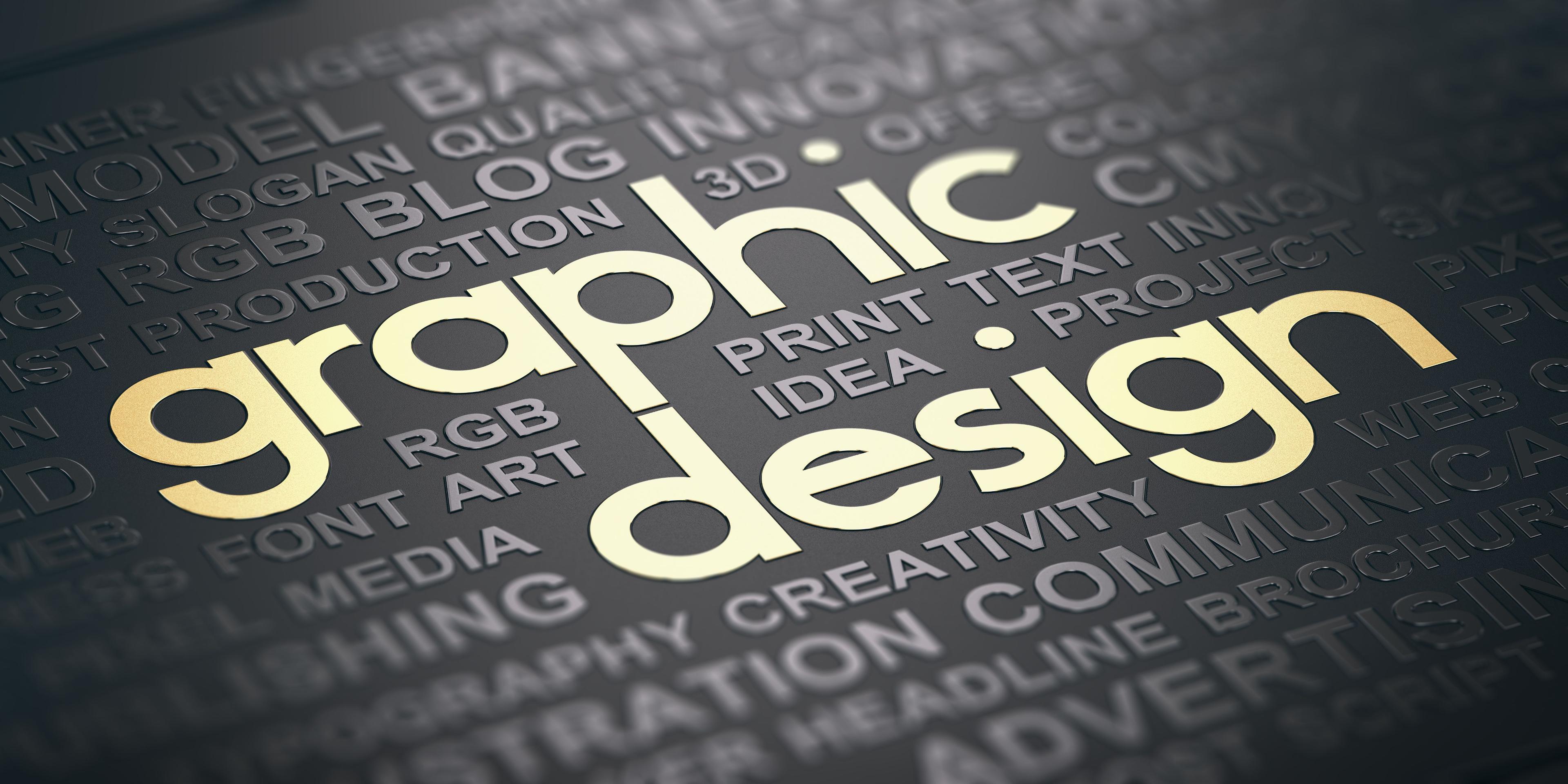Grafisk design med ord som "kreativitet", "idé" og "media" i bakgrunnen.