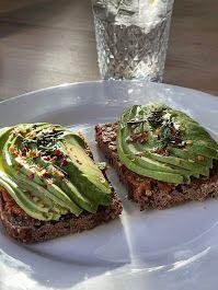 Toasts med avokado og krydder på en hvit tallerken, med et glass vann i bakgrunnen.