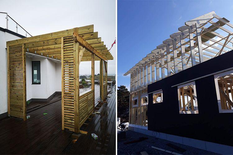 To byggverk i tre under konstruksjon, med en pergola til venstre og en uferdig husvegg til høyre.