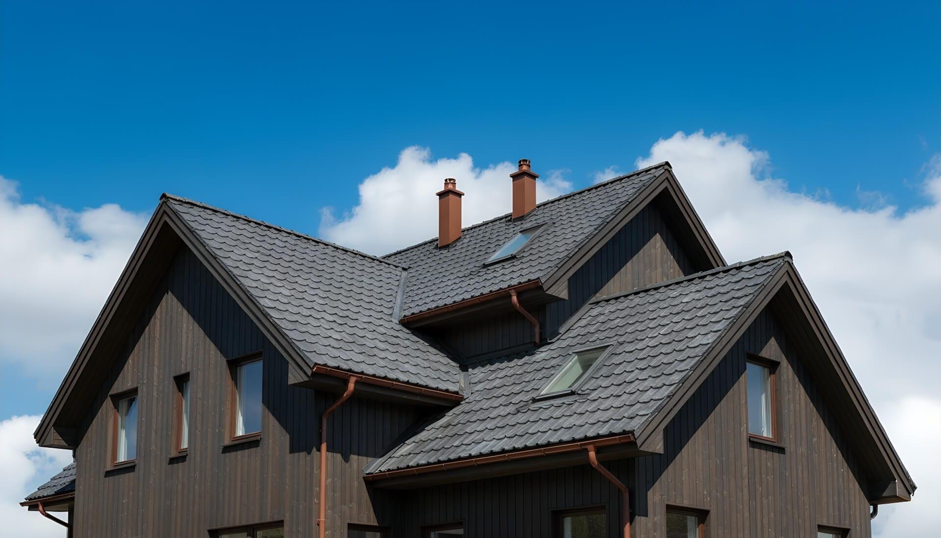 Et moderne hus med mørk trevegg og skråtak, under en klar blå himmel med hvite skyer.