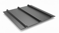 Svart metallplater med riller, egnet for tak eller veggkledning i bygninger.