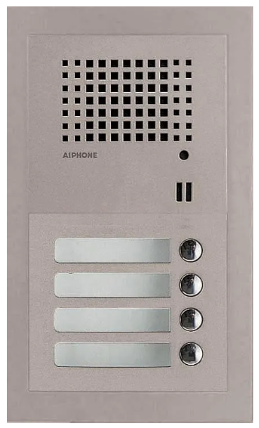 En moderne dørtelefon med fire knapper og høyttaler, montert på en grå vegg.