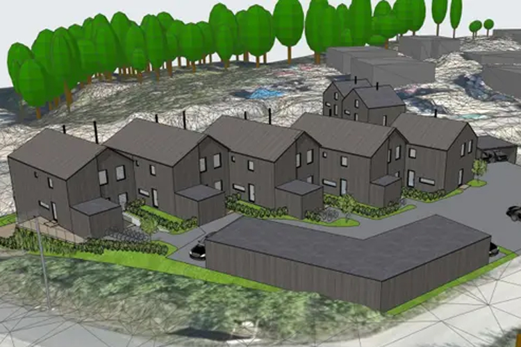 Moderne boliger i en ny boligutvikling med grønne områder og trær i bakgrunnen.