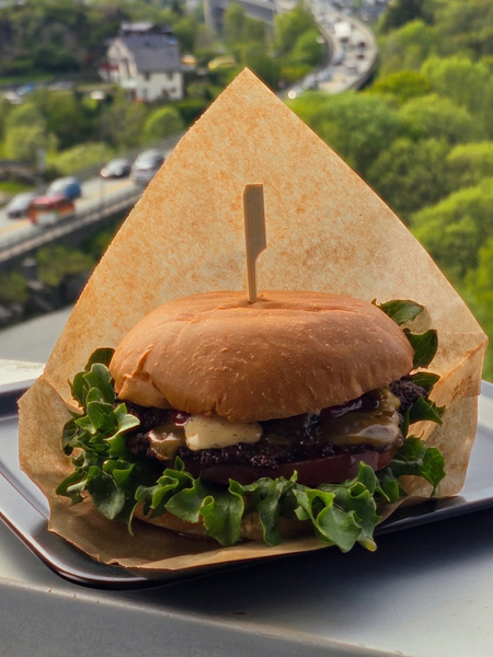 En saftig hamburger med salat, ost og dressing, servert i papir, med en vakker utsikt i bakgrunnen.