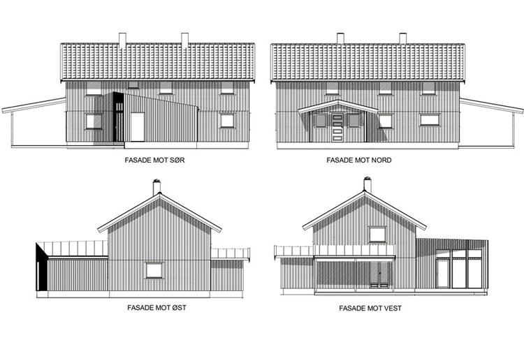 Fasadeillustrasjoner av et moderne hus med trepanel og tak med takstein, vist fra fire vinkler.
