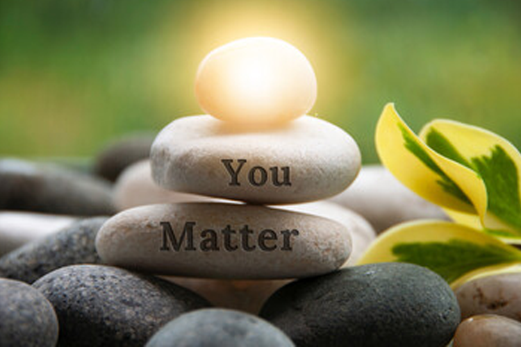 Steiner med teksten "You Matter" stablet oppå hverandre, med en lysende stein på toppen og grønne blader i bakgrunnen.