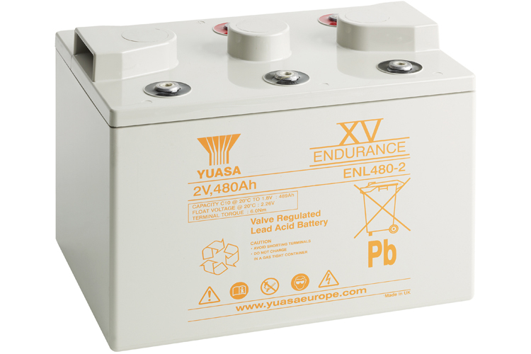 Batteri fra Yuasa, modell ENL480-2, med spesifikasjonene 2V og 480Ah, designet for pålitelig energilagring.