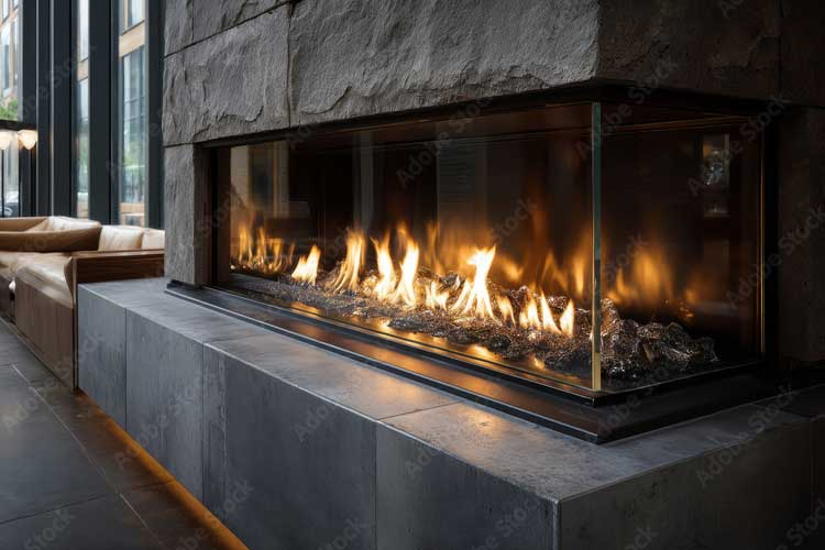 Moderne peis med glassfront som viser flammer og steiner, plassert i en stilren stue.