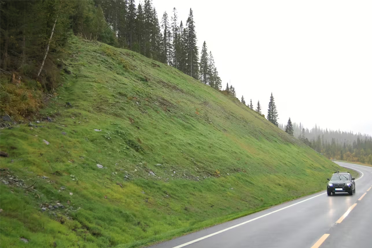 En bil kjører langs en våt vei med grønt gress og trær på en skråning i bakgrunnen.