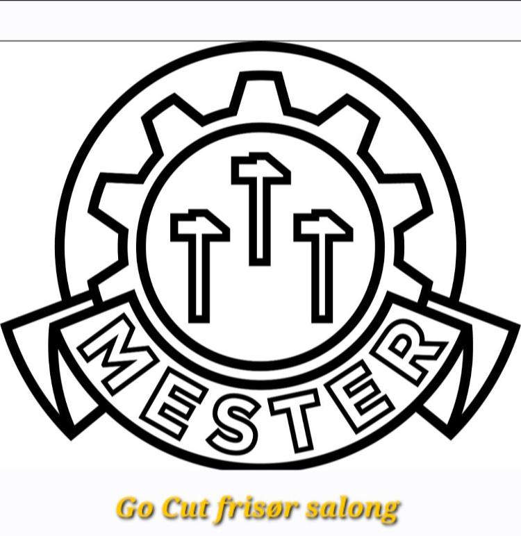 Logo for Go Cut frisørsalong med teksten "Mester" og symboler av hammer og tannhjul.