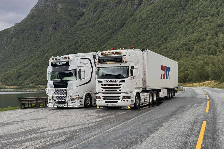 To lastebiler parkert langs en vei med fjell og en innsjø i bakgrunnen.
