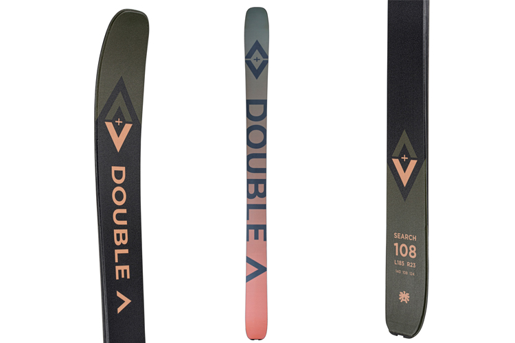 Ski med merket "DOUBLE A" og modellnavnet "REACH 108" i grønn og rosa farge.