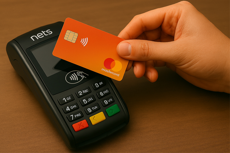 En hånd holder et Mastercard-kort over en kontaktløs betalingsterminal fra Nets.