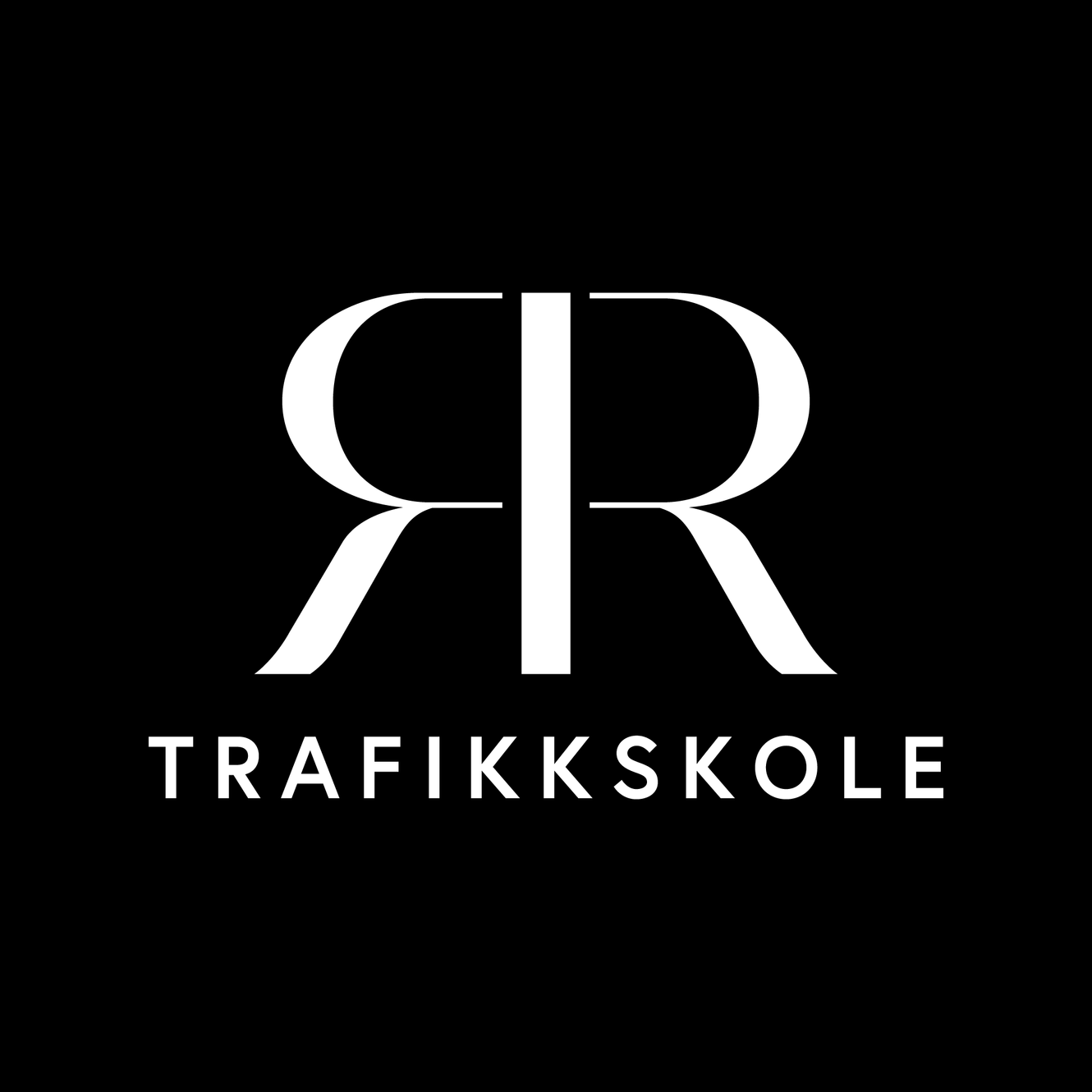Logo for RR Trafikkskole med stiliserte bokstaver og enkel, moderne design på svart bakgrunn.