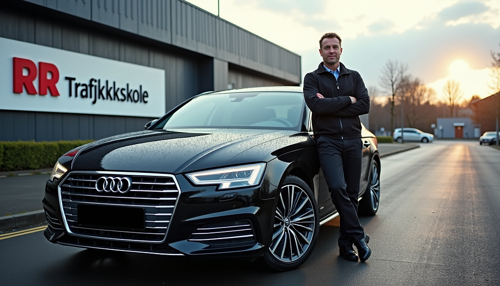 Mann står ved siden av en svart Audi A7 foran RR Trafikkskole med solnedgang i bakgrunnen.