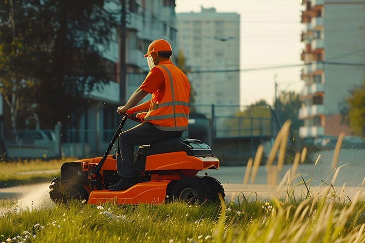 En mann i oransje arbeidsklær kjører en gressklipper på en grønn plen ved en bygning.
