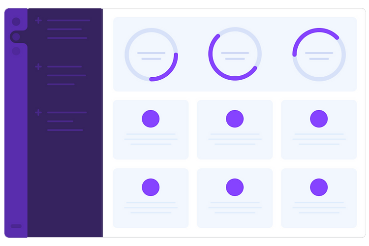 Brukergrensesnitt med lister, grafer og kort i lilla og blå farger, designet for datavisualisering.