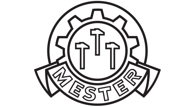 Logo med teksten "Mester" og symboler som representerer håndverk og ferdigheter.