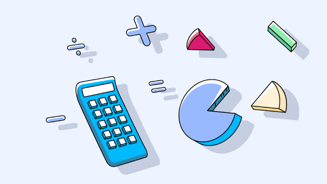 En blå kalkulator med geometriske former og diagrammer i bakgrunnen, symboliserer matematikk og statistikk.