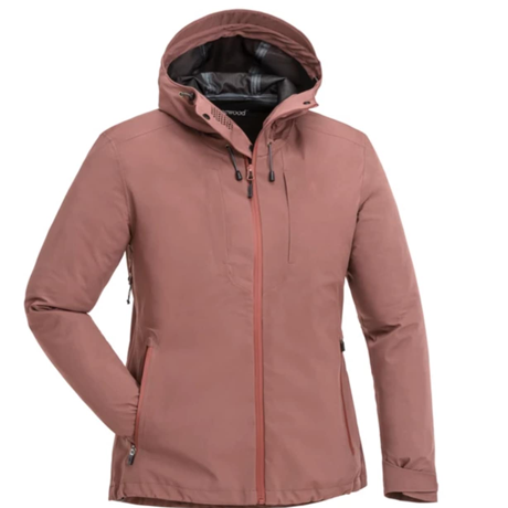 En rosa jakke med hette og glidelås, designet for utendørsaktiviteter.