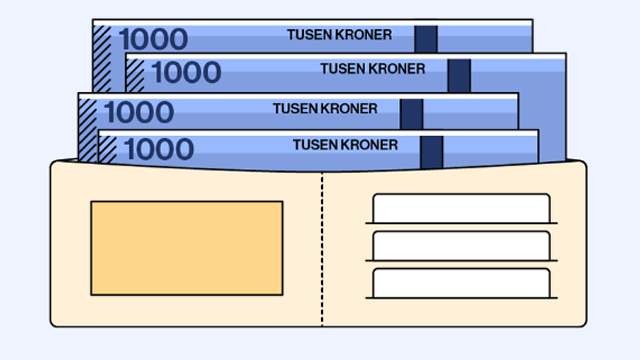 Illustrasjon av en lommebok med flere tusen kroner sedler synlig.