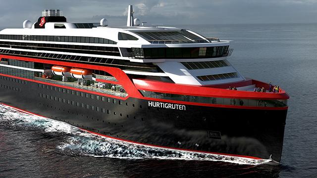 Hurtigruten-skipet seiler gjennom havet med moderne design og rød og svart fargekombinasjon.