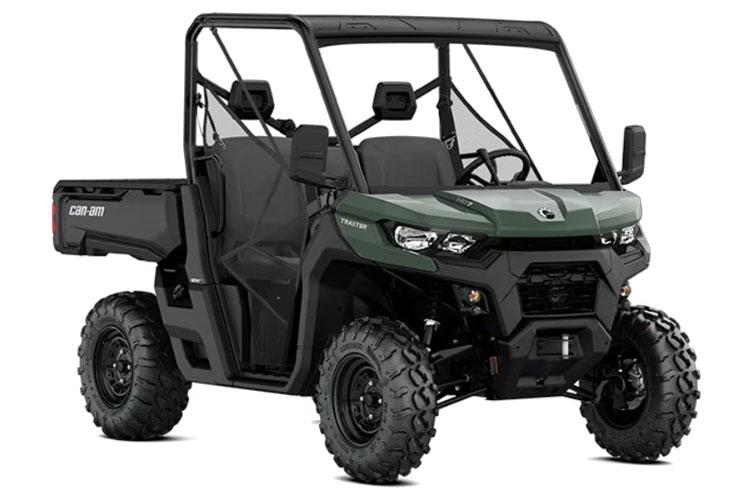 En grønn ATV med åpen kabin og store dekk, designet for terrengkjøring og transport.