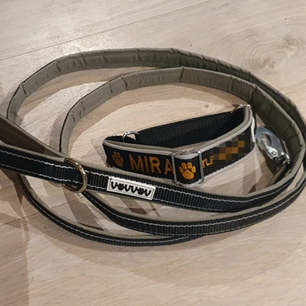 Hundesele og bånd med navnet "MIRA" på en lys treoverflate.