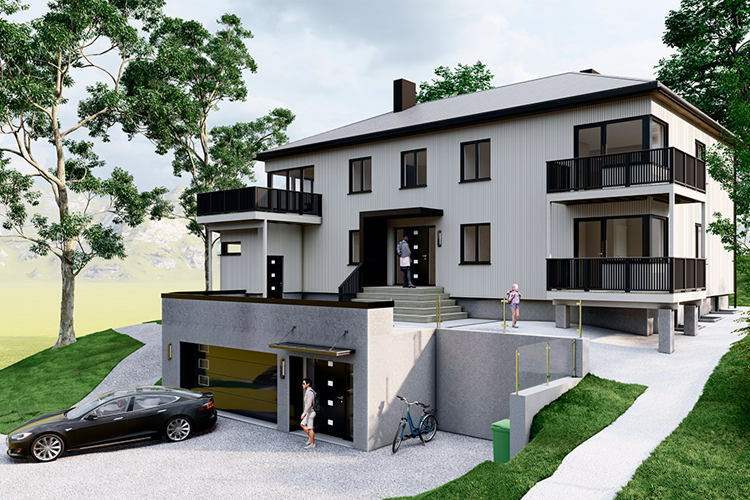 Moderne hus med balkonger, garasje og bilparkering, omgitt av trær og grønt landskap.